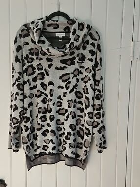 Calvin Klein Light Gray and Black Leopard Cowl Neck Sweater